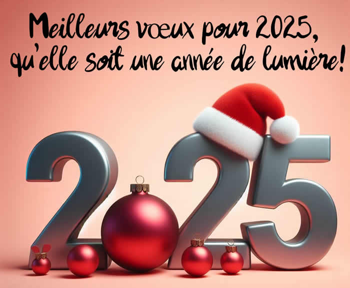 Image avec 2025 avec chapeau du Père Noël et décorations avec message de vœux du Nouvel An