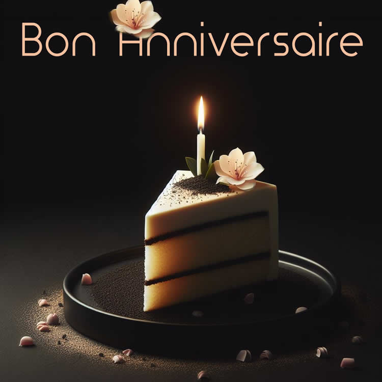 Image avec une part de gâteau avec une bougie et du texte : Bon anniversaire