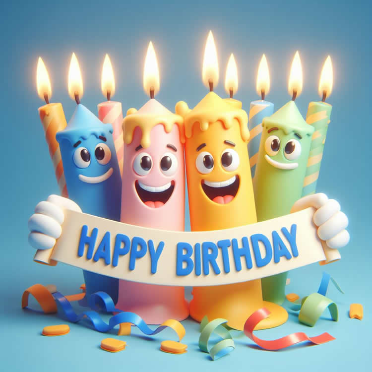 Image avec de nombreuses bougies colorées et souriantes avec bannière avec texte HAPPY BIRTHDAY