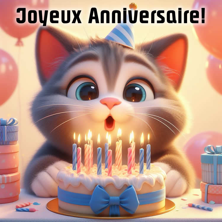 Image avec un chat soufflant des bougies sur un gâteau d'anniversaire